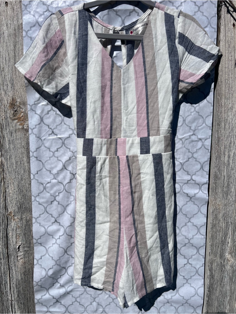 Striped Short Sleeve Romper in Pink, Gray & Cream